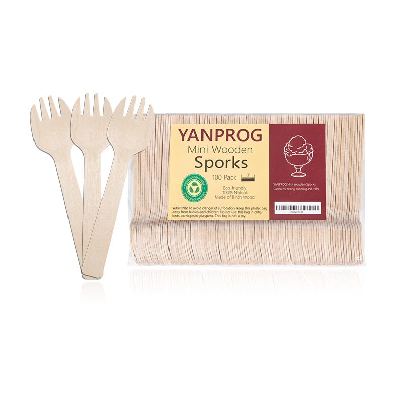 YANPROG Mini Wooden Sporks Disposable 4"" Small Wooden Forks 100 Pcs Biodegradable Compostable Birchwood Mini Forks for Parties, Weddings, Camping - Image 1